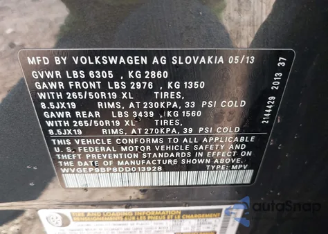 2013 Volkswagen Touareg Tdi Lux z USA, uszkodzony, nr VIN WVGEP9BP8DD013928